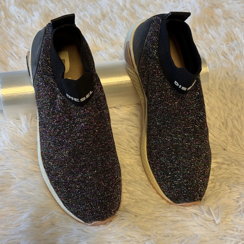 DIESEL Black and Multicolor Slip-On Sneakers Women Sz 7 gently pre-owned
